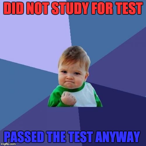 When You Pass Without Studying  | DID NOT STUDY FOR TEST; PASSED THE TEST ANYWAY | image tagged in memes,success kid | made w/ Imgflip meme maker