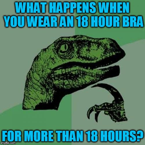 Philosoraptor | WHAT HAPPENS WHEN YOU WEAR AN 18 HOUR BRA; FOR MORE THAN 18 HOURS? | image tagged in memes,philosoraptor | made w/ Imgflip meme maker