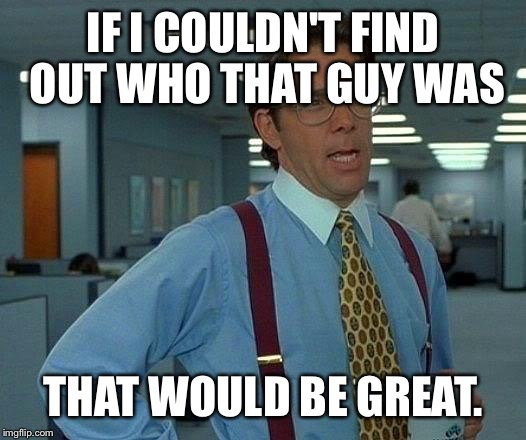 IF I COULDN'T FIND OUT WHO THAT GUY WAS THAT WOULD BE GREAT. | image tagged in memes,that would be great | made w/ Imgflip meme maker
