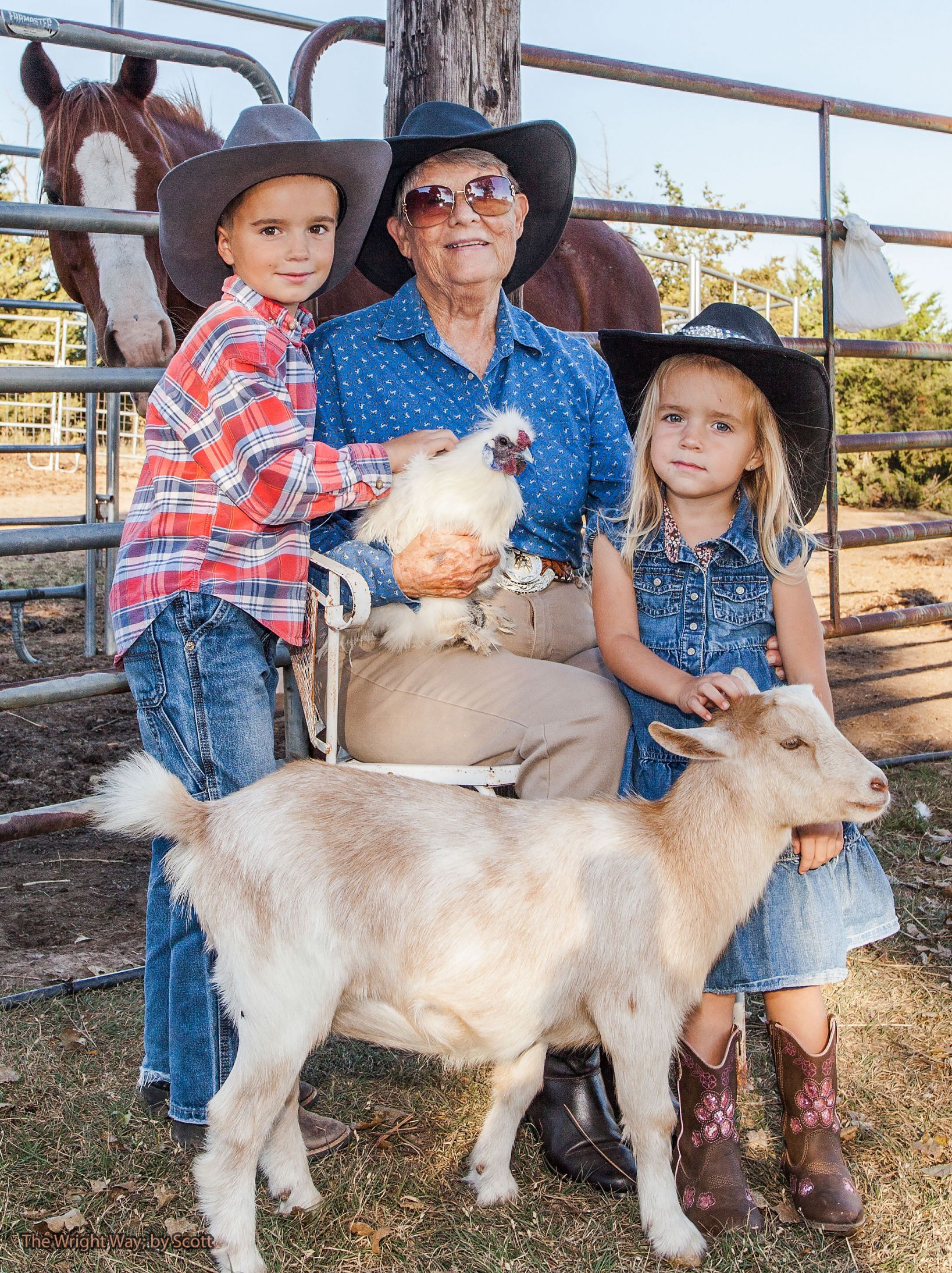 Donna with kids goat rooster horse Blank Meme Template