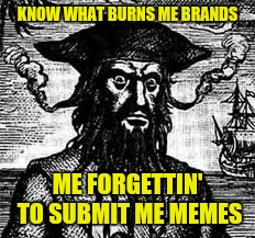 Again? | KNOW WHAT BURNS ME BRANDS; ME FORGETTIN' TO SUBMIT ME MEMES | image tagged in what burns me brands | made w/ Imgflip meme maker