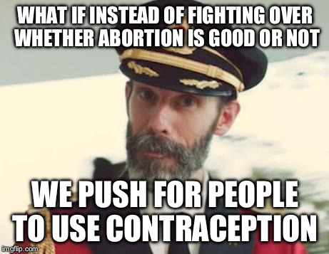 Or, even better, abstinence! | WHAT IF INSTEAD OF FIGHTING OVER WHETHER ABORTION IS GOOD OR NOT; WE PUSH FOR PEOPLE TO USE CONTRACEPTION | image tagged in captain obvious strikes again | made w/ Imgflip meme maker