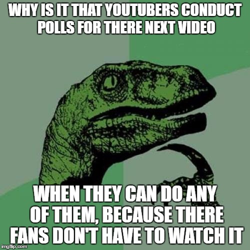 Philosoraptor Meme | WHY IS IT THAT YOUTUBERS CONDUCT POLLS FOR THERE NEXT VIDEO; WHEN THEY CAN DO ANY OF THEM, BECAUSE THERE FANS DON'T HAVE TO WATCH IT | image tagged in memes,philosoraptor | made w/ Imgflip meme maker