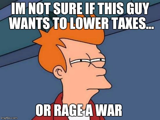 Futurama Fry Meme | IM NOT SURE IF THIS GUY WANTS TO LOWER TAXES... OR RAGE A WAR | image tagged in memes,futurama fry | made w/ Imgflip meme maker