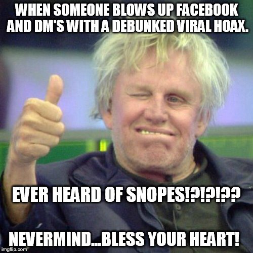 Busey Thumbs Up | WHEN SOMEONE BLOWS UP FACEBOOK AND DM'S WITH A DEBUNKED VIRAL HOAX. EVER HEARD OF SNOPES!?!?!?? NEVERMIND...BLESS YOUR HEART! | image tagged in busey thumbs up | made w/ Imgflip meme maker