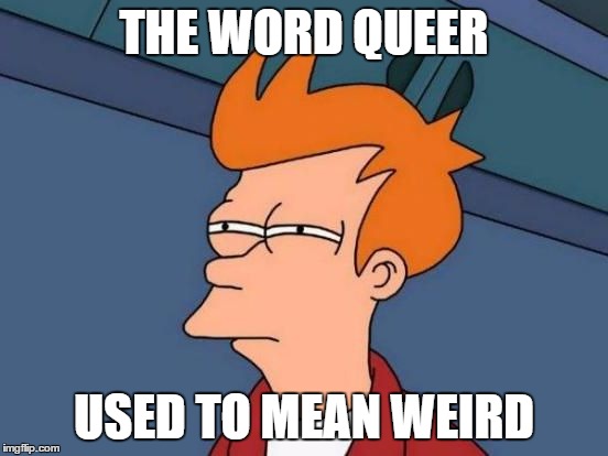 Futurama Fry Reverse | THE WORD QUEER USED TO MEAN WEIRD | image tagged in futurama fry reverse | made w/ Imgflip meme maker