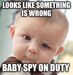 Skeptical Baby Meme | LOOKS LIKE SOMETHING IS WRONG; BABY SPY ON DUTY | image tagged in memes,skeptical baby | made w/ Imgflip meme maker