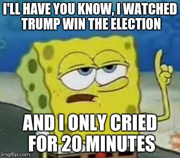 me after watching the election | I'LL HAVE YOU KNOW, I WATCHED TRUMP WIN THE ELECTION; AND I ONLY CRIED FOR 20 MINUTES | image tagged in memes,ill have you know spongebob | made w/ Imgflip meme maker