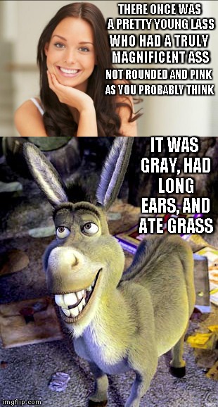 Made as a meme comment on Raydog's limerick meme... | THERE ONCE WAS A PRETTY YOUNG LASS; WHO HAD A TRULY MAGNIFICENT ASS; NOT ROUNDED AND PINK; AS YOU PROBABLY THINK; IT WAS GRAY, HAD LONG EARS, AND ATE GRASS | image tagged in memes,good girl gina,do i detect a hint of x,limerick | made w/ Imgflip meme maker