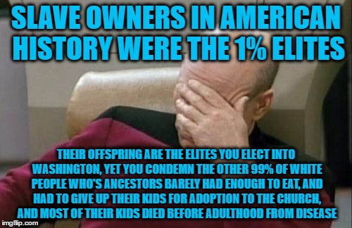 If African Americans could actually research history of slavery in America... That would be great | SLAVE OWNERS IN AMERICAN HISTORY WERE THE 1% ELITES; THEIR OFFSPRING ARE THE ELITES YOU ELECT INTO WASHINGTON, YET YOU CONDEMN THE OTHER 99% OF WHITE PEOPLE WHO'S ANCESTORS BARELY HAD ENOUGH TO EAT, AND HAD TO GIVE UP THEIR KIDS FOR ADOPTION TO THE CHURCH, AND MOST OF THEIR KIDS DIED BEFORE ADULTHOOD FROM DISEASE | image tagged in memes,captain picard facepalm | made w/ Imgflip meme maker