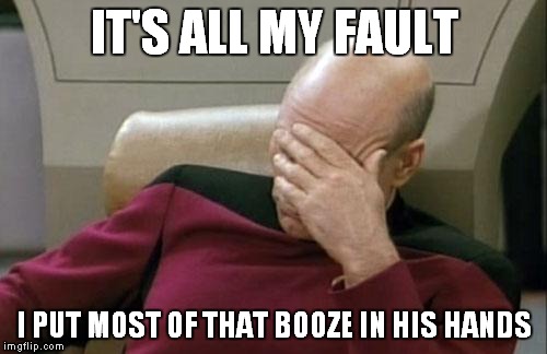 Captain Picard Facepalm Meme | IT'S ALL MY FAULT I PUT MOST OF THAT BOOZE IN HIS HANDS | image tagged in memes,captain picard facepalm | made w/ Imgflip meme maker