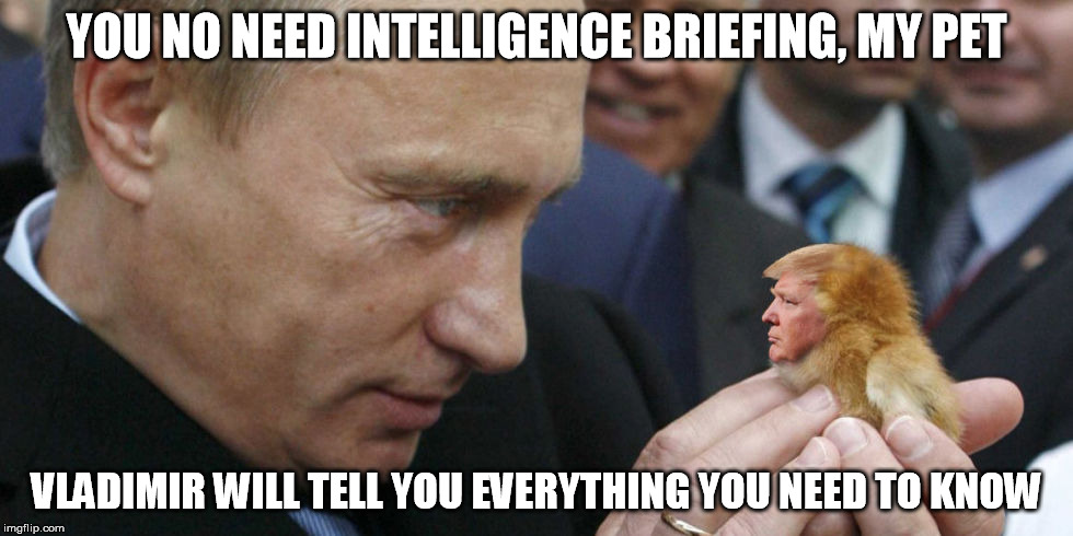 trump & putin | YOU NO NEED INTELLIGENCE BRIEFING, MY PET; VLADIMIR WILL TELL YOU EVERYTHING YOU NEED TO KNOW | image tagged in trump,putin,election,fraud | made w/ Imgflip meme maker