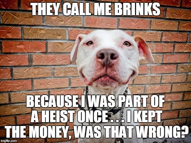 THEY CALL ME BRINKS; BECAUSE I WAS PART OF A HEIST ONCE . . . I KEPT THE MONEY, WAS THAT WRONG? | image tagged in brinks | made w/ Imgflip meme maker