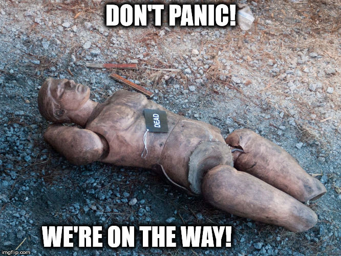 DON'T PANIC! WE'RE ON THE WAY! | image tagged in dead | made w/ Imgflip meme maker