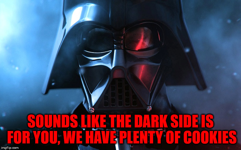 Darth Vader Head Shot | SOUNDS LIKE THE DARK SIDE IS FOR YOU, WE HAVE PLENTY OF COOKIES | image tagged in darth vader head shot | made w/ Imgflip meme maker