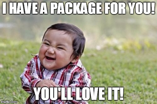 Evil Toddler Meme | I HAVE A PACKAGE FOR YOU! YOU'LL LOVE IT! | image tagged in memes,evil toddler | made w/ Imgflip meme maker