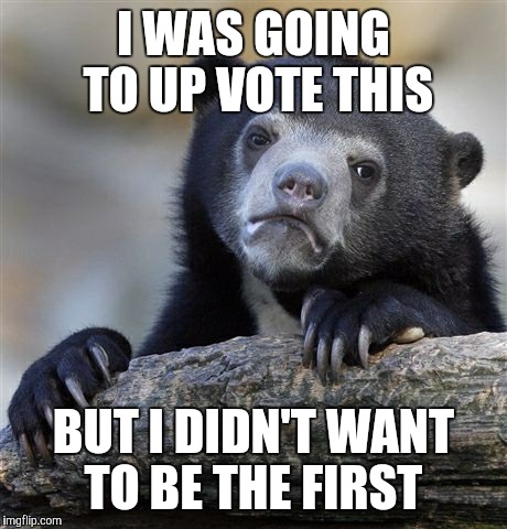 Confession Bear Meme | I WAS GOING TO UP VOTE THIS BUT I DIDN'T WANT TO BE THE FIRST | image tagged in memes,confession bear | made w/ Imgflip meme maker