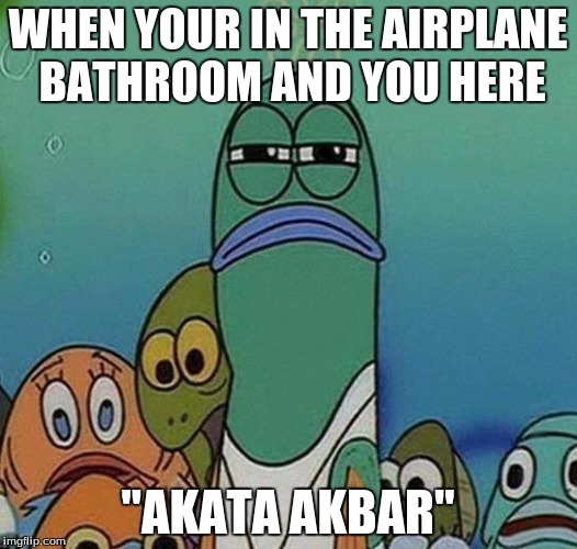 SpongeBob | WHEN YOUR IN THE AIRPLANE BATHROOM AND YOU HERE; "AKATA AKBAR" | image tagged in spongebob | made w/ Imgflip meme maker