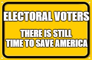 Blank Yellow Sign Meme | ELECTORAL VOTERS; THERE IS STILL TIME TO SAVE AMERICA | image tagged in memes,blank yellow sign | made w/ Imgflip meme maker