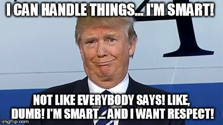 I CAN HANDLE THINGS... I'M SMART! NOT LIKE EVERYBODY SAYS! LIKE, DUMB! I'M SMART... AND I WANT RESPECT! | image tagged in trump face | made w/ Imgflip meme maker