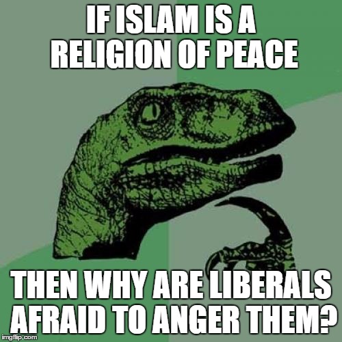 Philosoraptor Meme | IF ISLAM IS A RELIGION OF PEACE; THEN WHY ARE LIBERALS AFRAID TO ANGER THEM? | image tagged in memes,philosoraptor | made w/ Imgflip meme maker