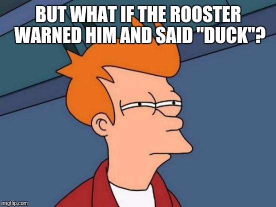 Futurama Fry Meme | BUT WHAT IF THE ROOSTER WARNED HIM AND SAID "DUCK"? | image tagged in memes,futurama fry | made w/ Imgflip meme maker