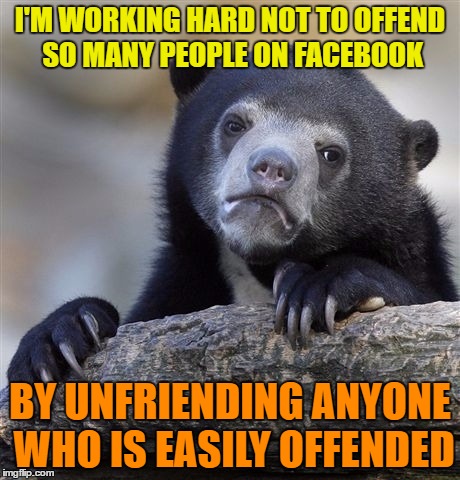 Working hard not to offend people | I'M WORKING HARD NOT TO OFFEND SO MANY PEOPLE ON FACEBOOK; BY UNFRIENDING ANYONE WHO IS EASILY OFFENDED | image tagged in memes,confession bear,funny,people,facebook,offend | made w/ Imgflip meme maker