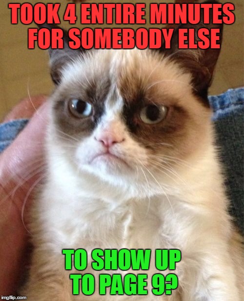 Grumpy Cat Meme | TOOK 4 ENTIRE MINUTES FOR SOMEBODY ELSE TO SHOW UP TO PAGE 9? | image tagged in memes,grumpy cat | made w/ Imgflip meme maker