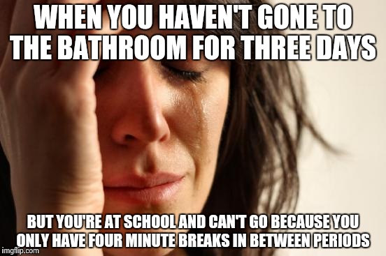 First World Problems Meme | WHEN YOU HAVEN'T GONE TO THE BATHROOM FOR THREE DAYS; BUT YOU'RE AT SCHOOL AND CAN'T GO BECAUSE YOU ONLY HAVE FOUR MINUTE BREAKS IN BETWEEN PERIODS | image tagged in memes,first world problems | made w/ Imgflip meme maker