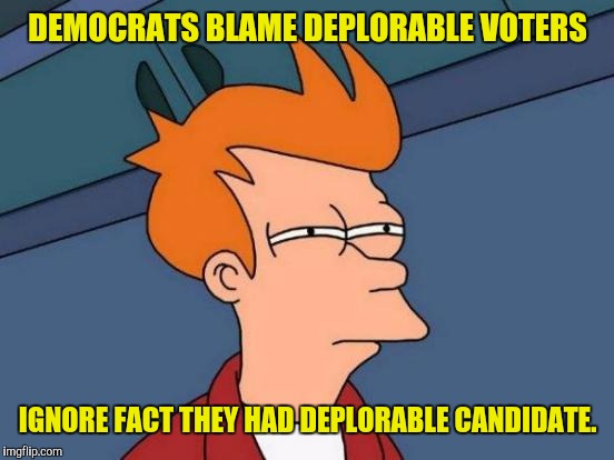 Futurama Fry Meme | DEMOCRATS BLAME DEPLORABLE VOTERS IGNORE FACT THEY HAD DEPLORABLE CANDIDATE. | image tagged in memes,futurama fry | made w/ Imgflip meme maker