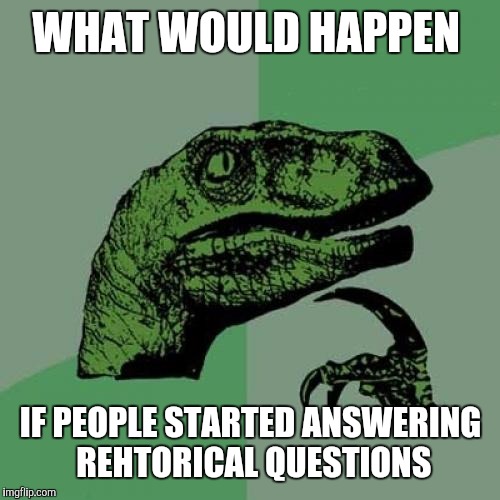 Philosoraptor Meme | WHAT WOULD HAPPEN IF PEOPLE STARTED ANSWERING REHTORICAL QUESTIONS | image tagged in memes,philosoraptor | made w/ Imgflip meme maker