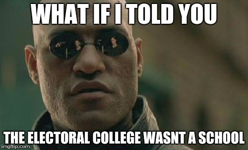 Matrix Morpheus | WHAT IF I TOLD YOU; THE ELECTORAL COLLEGE WASNT A SCHOOL | image tagged in memes,matrix morpheus | made w/ Imgflip meme maker