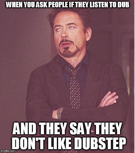 music problems | WHEN YOU ASK PEOPLE IF THEY LISTEN TO DUB; AND THEY SAY THEY DON'T LIKE DUBSTEP | image tagged in memes,face you make robert downey jr | made w/ Imgflip meme maker