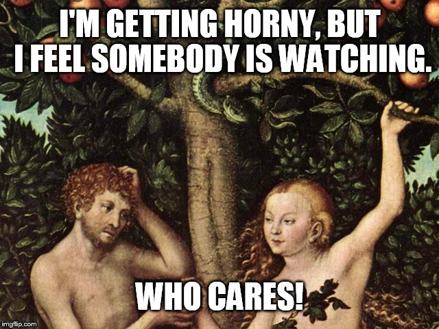 adam and eve | I'M GETTING HORNY, BUT I FEEL SOMEBODY IS WATCHING. WHO CARES! | image tagged in adam and eve | made w/ Imgflip meme maker