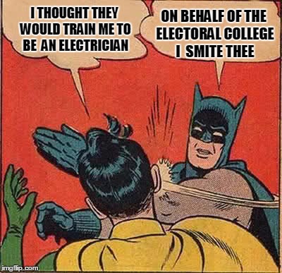 Batman Slapping Robin Meme | I THOUGHT THEY WOULD TRAIN ME TO BE  AN ELECTRICIAN ON BEHALF OF THE ELECTORAL COLLEGE I  SMITE THEE | image tagged in memes,batman slapping robin | made w/ Imgflip meme maker