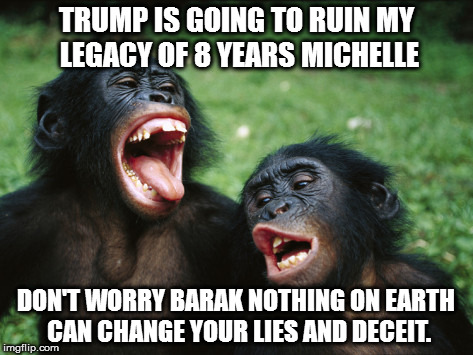 Bonobo Lyfe | TRUMP IS GOING TO RUIN MY LEGACY OF 8 YEARS MICHELLE; DON'T WORRY BARAK NOTHING ON EARTH CAN CHANGE YOUR LIES AND DECEIT. | image tagged in memes,bonobo lyfe | made w/ Imgflip meme maker