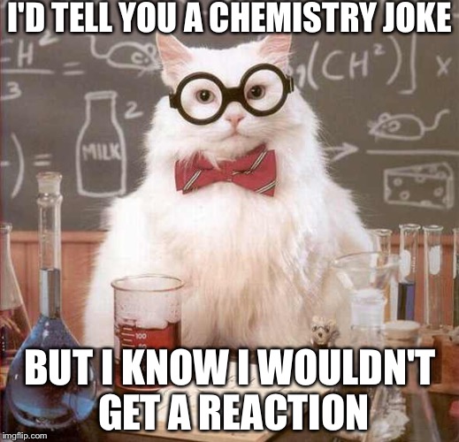 Science away! BzzzT! | I'D TELL YOU A CHEMISTRY JOKE; BUT I KNOW I WOULDN'T GET A REACTION | image tagged in cat scientist,funny,memes | made w/ Imgflip meme maker
