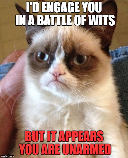 Grumpy Cat Meme | I'D ENGAGE YOU IN A BATTLE OF WITS; BUT IT APPEARS YOU ARE UNARMED | image tagged in memes,grumpy cat | made w/ Imgflip meme maker