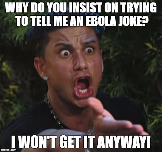 DJ Pauly D | WHY DO YOU INSIST ON TRYING TO TELL ME AN EBOLA JOKE? I WON'T GET IT ANYWAY! | image tagged in memes,dj pauly d | made w/ Imgflip meme maker