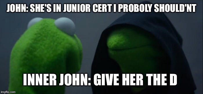 Evil Kermit | JOHN: SHE'S IN JUNIOR CERT I PROBOLY SHOULD'NT; INNER JOHN: GIVE HER THE D | image tagged in evil kermit | made w/ Imgflip meme maker