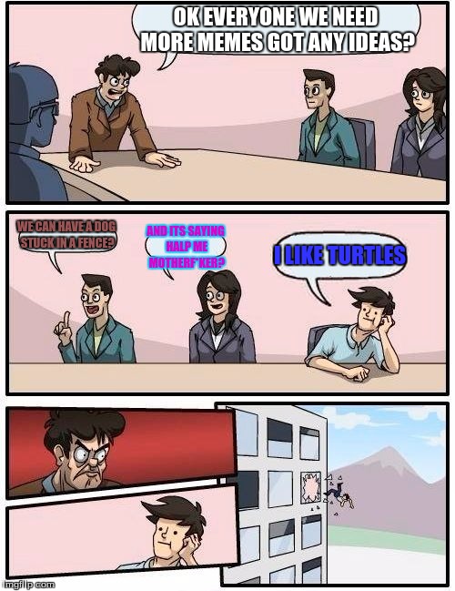 Boardroom Meeting Suggestion Meme | OK EVERYONE WE NEED MORE MEMES GOT ANY IDEAS? WE CAN HAVE A DOG STUCK IN A FENCE? AND ITS SAYING HALP ME MOTHERF*KER? I LIKE TURTLES | image tagged in memes,boardroom meeting suggestion | made w/ Imgflip meme maker