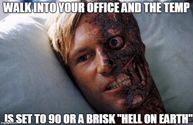 Harvey Dent | WALK INTO YOUR OFFICE AND THE TEMP; IS SET TO 90 OR A BRISK "HELL ON EARTH" | image tagged in harvey dent | made w/ Imgflip meme maker