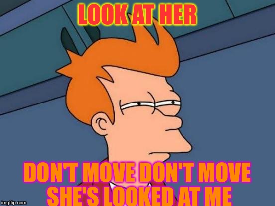 Futurama Fry | LOOK AT HER; DON'T MOVE DON'T MOVE SHE'S LOOKED AT ME | image tagged in memes,futurama fry | made w/ Imgflip meme maker