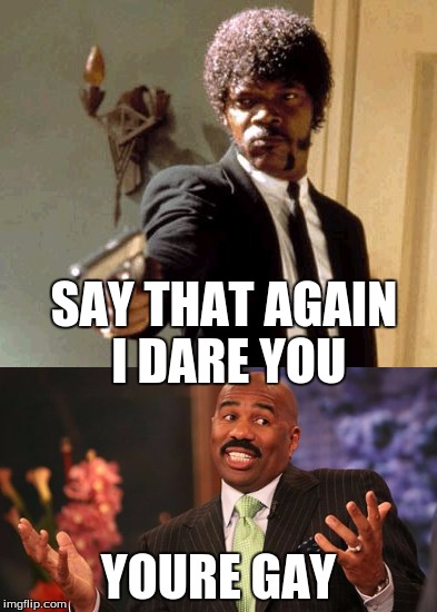 SAY THAT AGAIN I DARE YOU; YOURE GAY | image tagged in gay | made w/ Imgflip meme maker
