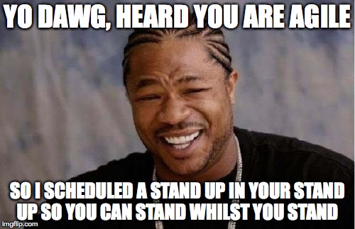 Yo Dawg Heard You Meme | YO DAWG, HEARD YOU ARE AGILE; SO I SCHEDULED A STAND UP IN YOUR STAND UP SO YOU CAN STAND WHILST YOU STAND | image tagged in memes,yo dawg heard you | made w/ Imgflip meme maker