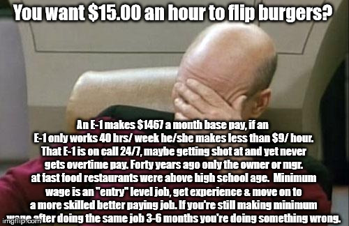 Captain Picard Facepalm Meme | You want $15.00 an hour to flip burgers? An E-1 makes $1467 a month base pay, if an E-1 only works 40 hrs/ week he/she makes less than $9/ hour. That E-1 is on call 24/7, maybe getting shot at and yet never gets overtime pay.
Forty years ago only the owner or mgr. at fast food restaurants were above high school age.  Minimum wage is an "entry" level job, get experience & move on to a more skilled better paying job. If you're still making minimum wage after doing the same job 3-6 months you're doing something wrong. | image tagged in memes,captain picard facepalm | made w/ Imgflip meme maker