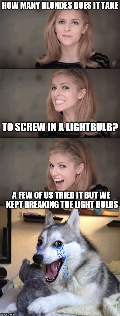 Bad Pun Anna makes Bad Pun Dog cry |  HOW MANY BLONDES DOES IT TAKE; TO SCREW IN A LIGHTBULB? A FEW OF US TRIED IT BUT WE KEPT BREAKING THE LIGHT BULBS | image tagged in bad pun anna makes bad pun dog cry,memes,bad pun anna kendrick,bad pun dog | made w/ Imgflip meme maker