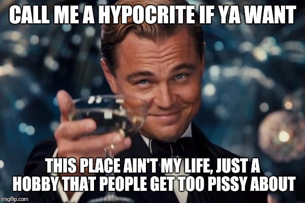 CALL ME A HYPOCRITE IF YA WANT THIS PLACE AIN'T MY LIFE, JUST A HOBBY THAT PEOPLE GET TOO PISSY ABOUT | image tagged in memes,leonardo dicaprio cheers | made w/ Imgflip meme maker