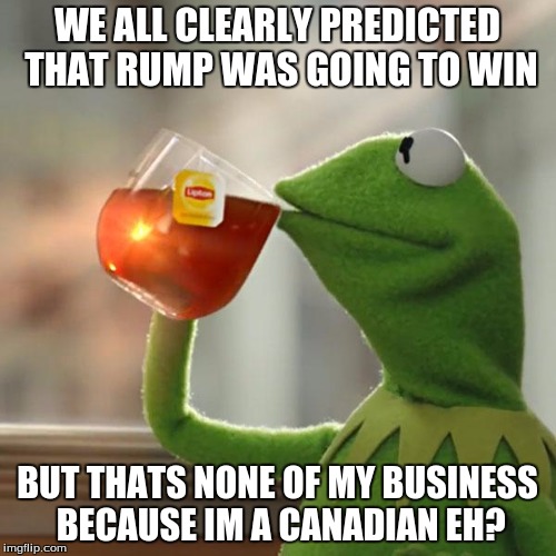 WE ALL CLEARLY PREDICTED THAT RUMP WAS GOING TO WIN BUT THATS NONE OF MY BUSINESS BECAUSE IM A CANADIAN EH? | image tagged in memes,but thats none of my business,kermit the frog | made w/ Imgflip meme maker