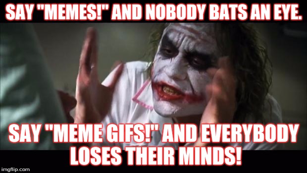 And everybody loses their minds Meme | SAY "MEMES!" AND NOBODY BATS AN EYE. SAY "MEME GIFS!" AND EVERYBODY LOSES THEIR MINDS! | image tagged in memes,and everybody loses their minds | made w/ Imgflip meme maker